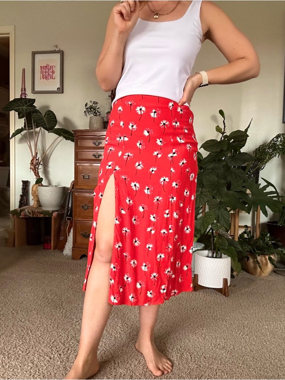 Red Floral Side-Slit Midi Skirt
